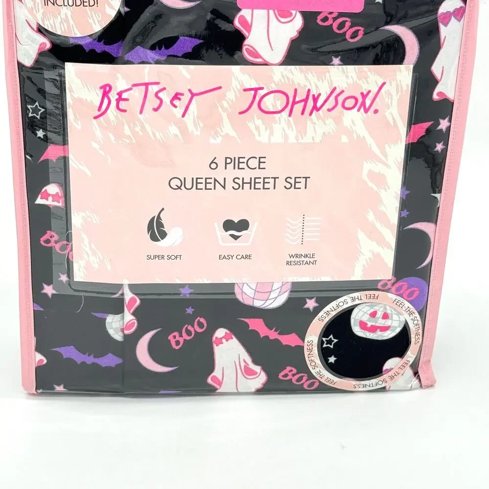 Betsey Johnson Boo Party QUEEN Sheet Set Ghosts Disco Pumpkins Bats Pink Black